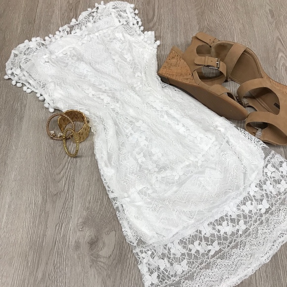 Back2Basics Dresses & Skirts - White Lace Pom Pom Mini Dress Coverup BB11